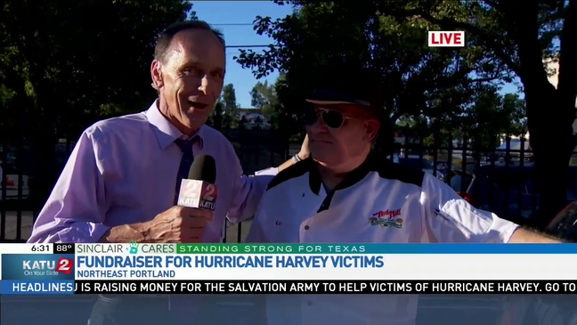 Joe English gives away his hat for Hurricane Harvey donation