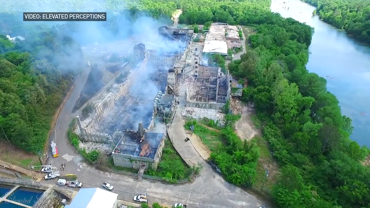 Fire destroys old Mt. Vernon textile mill in Tallassee, Alabama (aerial