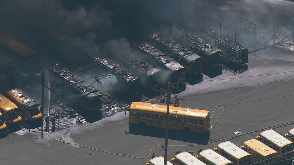 Dozens of school buses destroyed as bus barn erupts in flames
